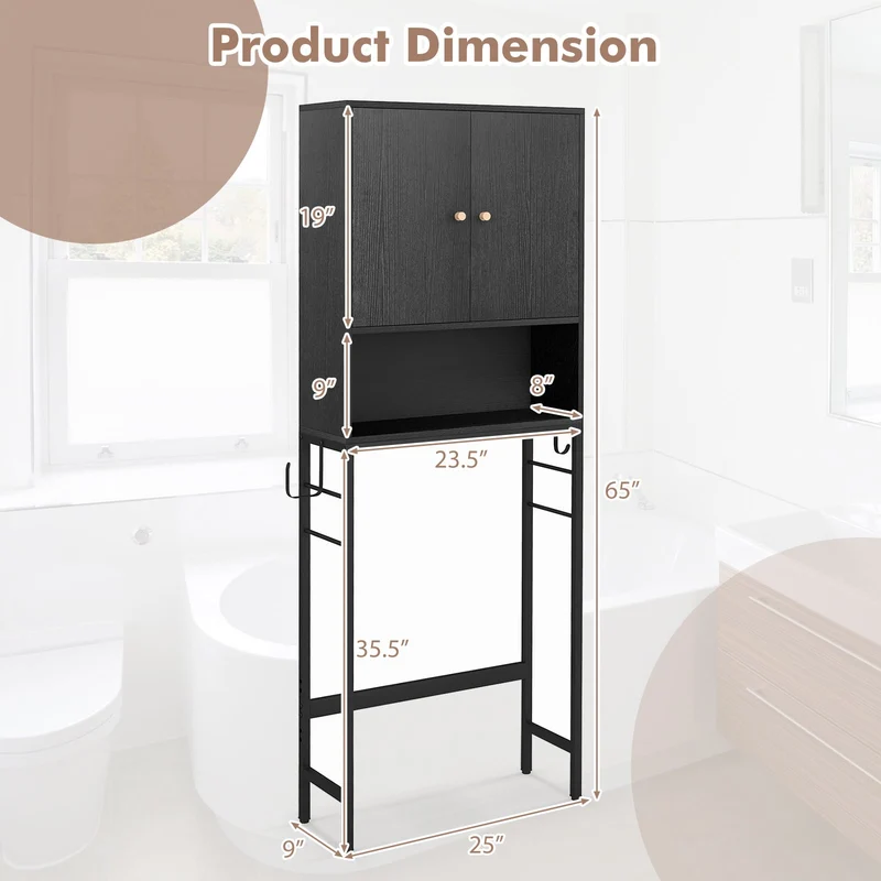 Over The Toilet Storage Cabinet, 2 Doors, Adjustable Shelf, Black