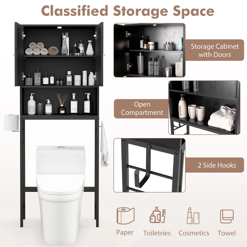 Over The Toilet Storage Cabinet, 2 Doors, Adjustable Shelf, Black
