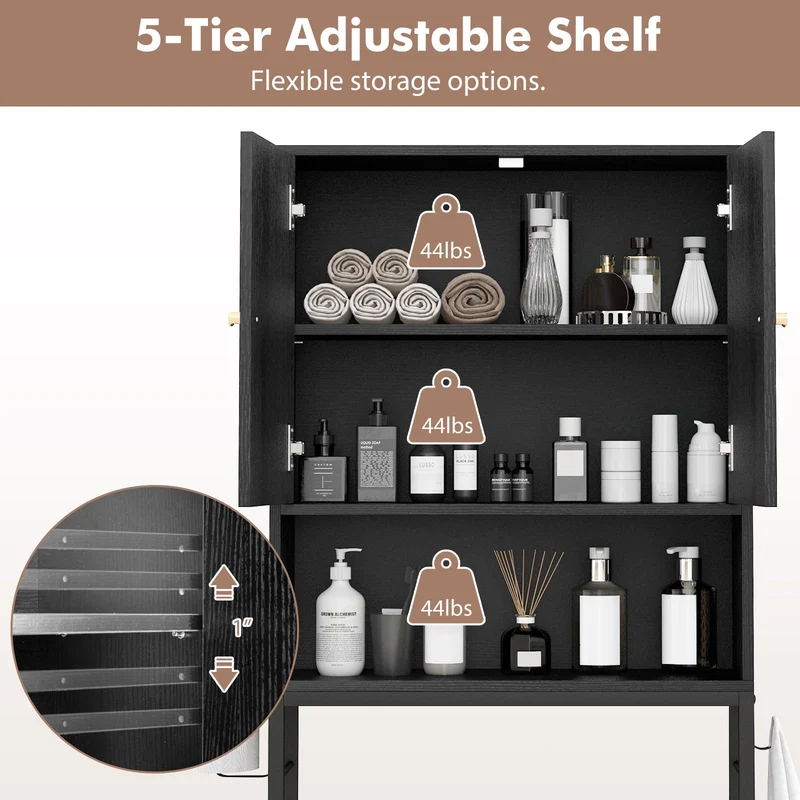 Over The Toilet Storage Cabinet, 2 Doors, Adjustable Shelf, Black
