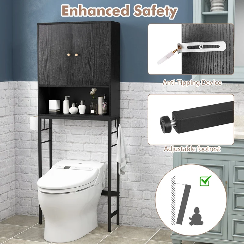 Over The Toilet Storage Cabinet, 2 Doors, Adjustable Shelf, Black