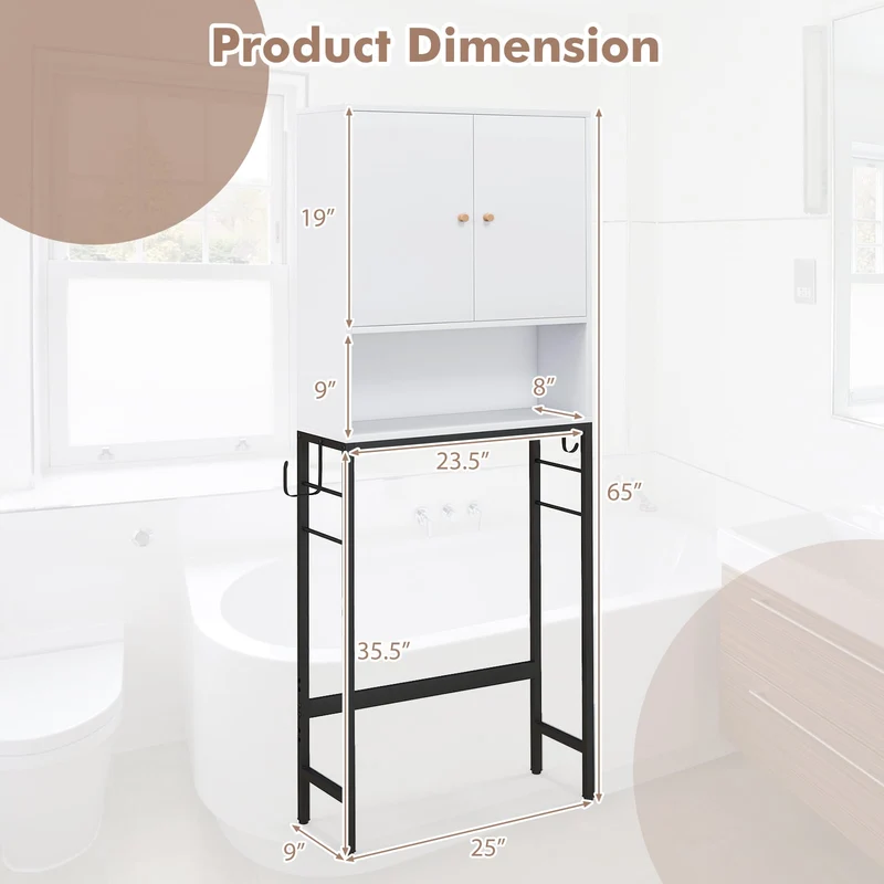 Over The Toilet Storage Cabinet, 2 Doors, Adjustable Shelf, White
