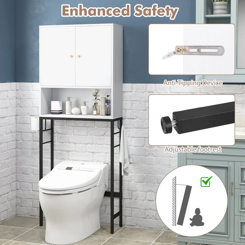 Over The Toilet Storage Cabinet, 2 Doors, Adjustable Shelf, White
