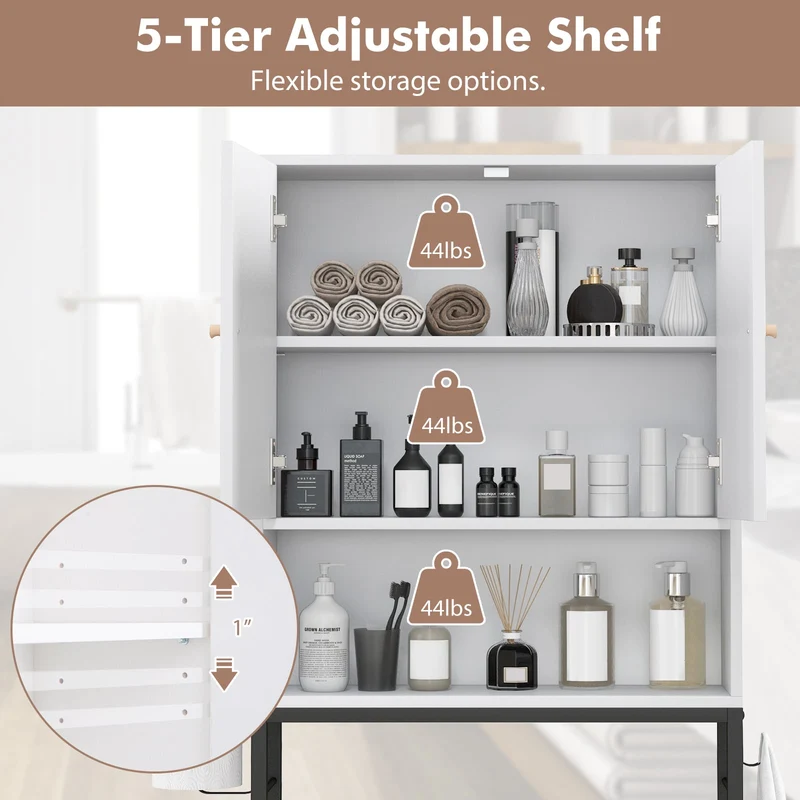 Over The Toilet Storage Cabinet, 2 Doors, Adjustable Shelf, White