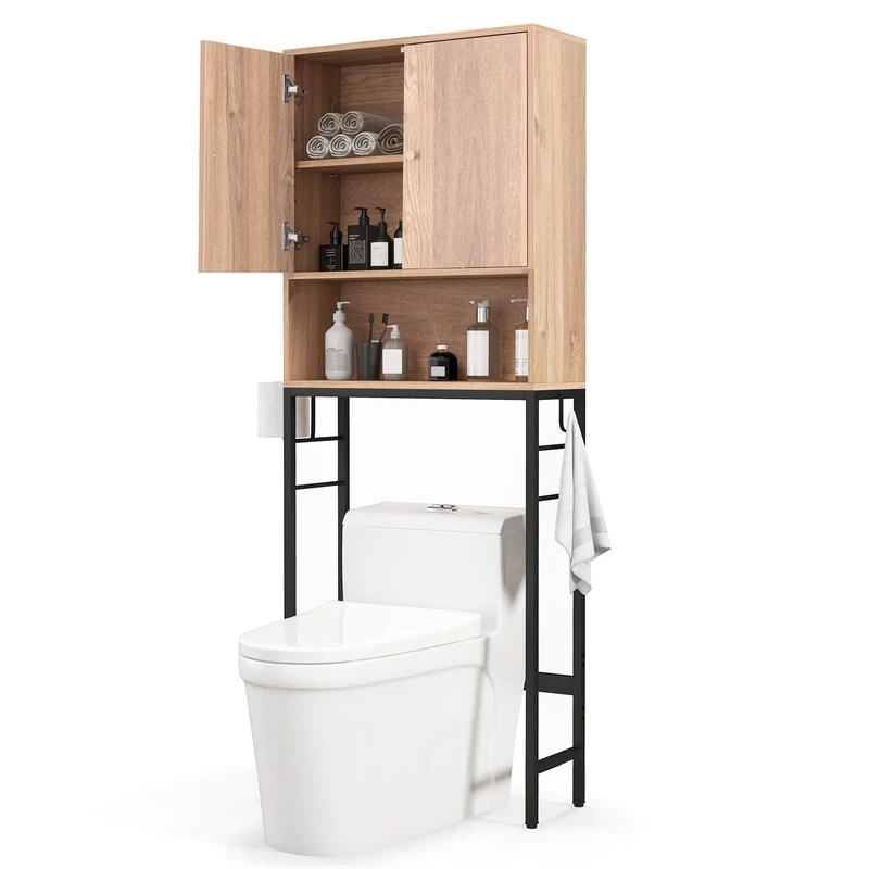 Over The Toilet Storage Cabinet, 2 Doors, Adjustable Shelf, Natural