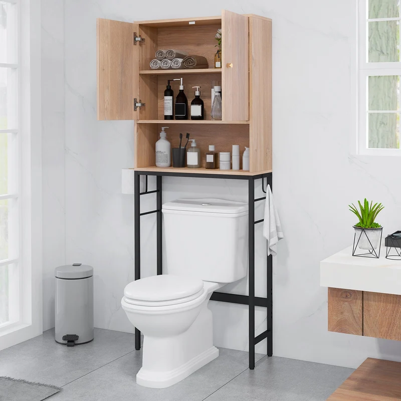 Over The Toilet Storage Cabinet, 2 Doors, Adjustable Shelf, Natural