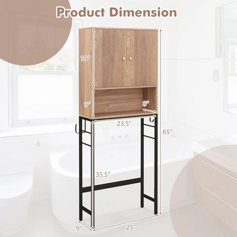 Over The Toilet Storage Cabinet, 2 Doors, Adjustable Shelf, Natural