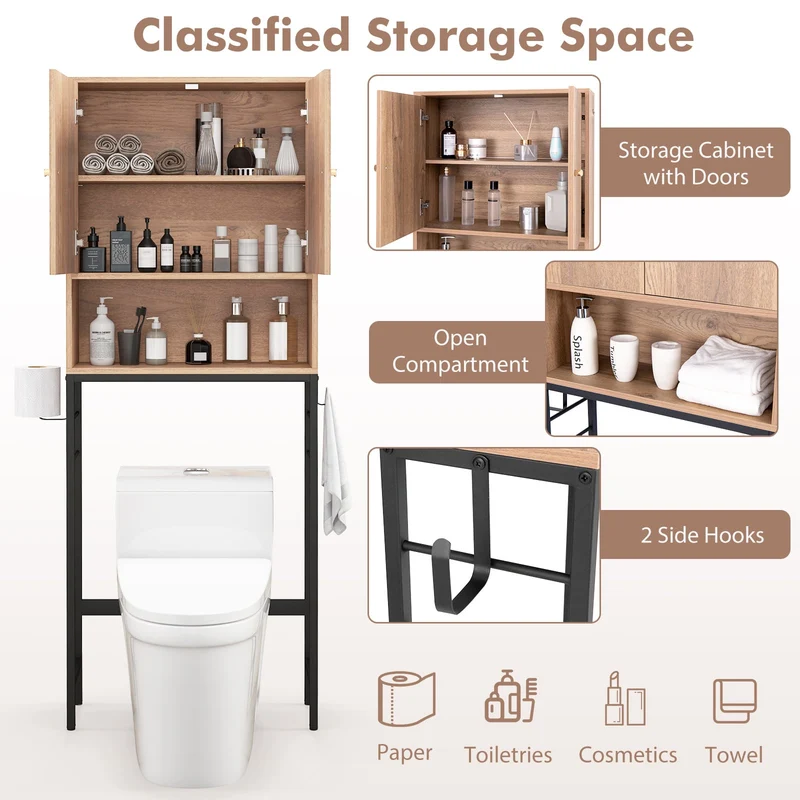 Over The Toilet Storage Cabinet, 2 Doors, Adjustable Shelf, Natural
