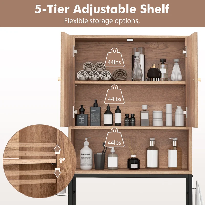 Over The Toilet Storage Cabinet, 2 Doors, Adjustable Shelf, Natural