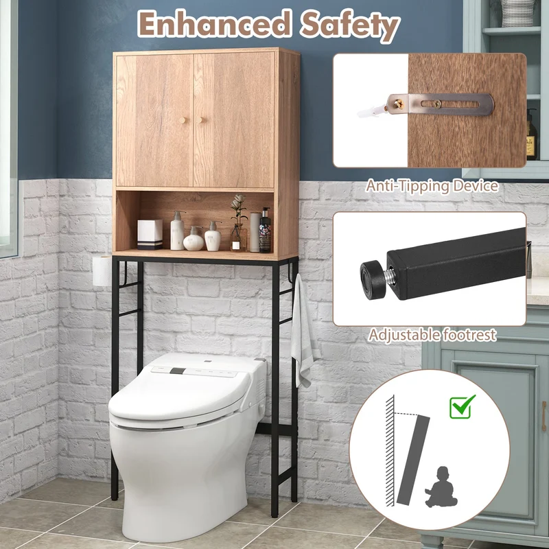 Over The Toilet Storage Cabinet, 2 Doors, Adjustable Shelf, Natural