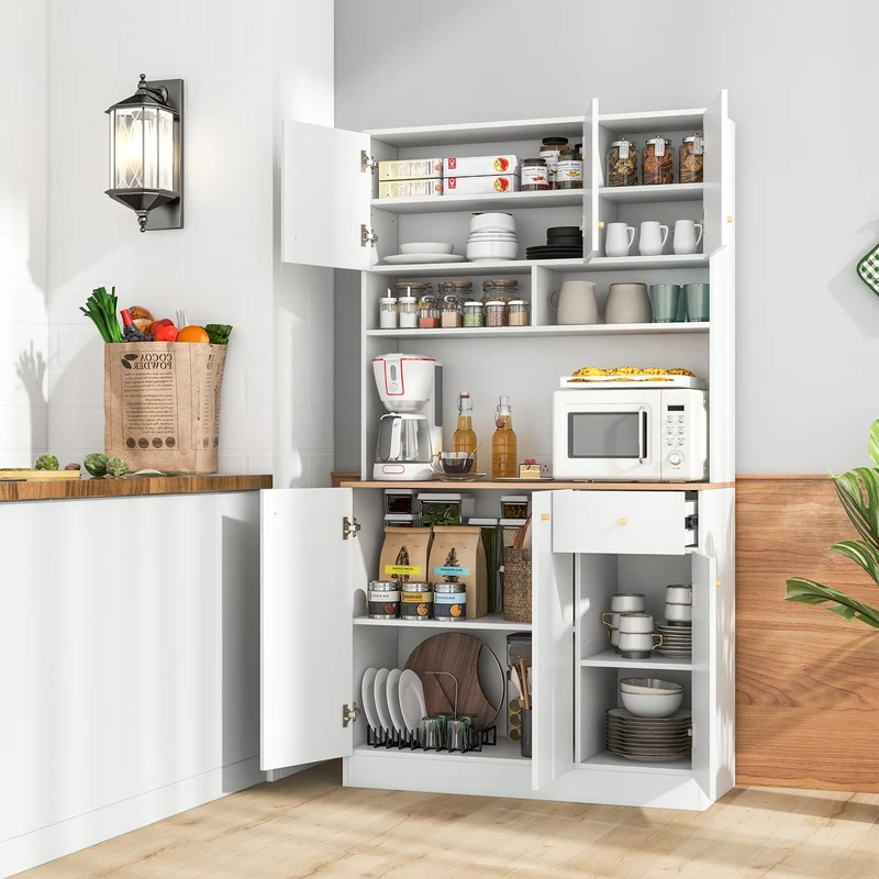 71 Inch Tall Pantry Cabinet, With Outlets For Dining Room, White
