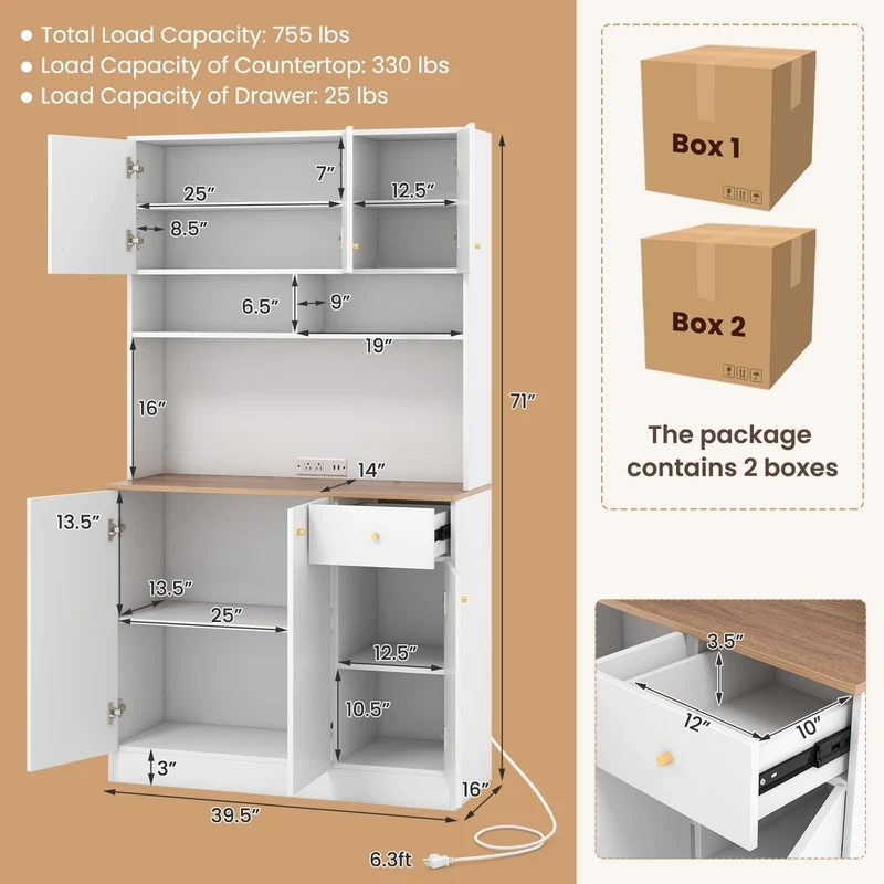 71 Inch Tall Pantry Cabinet, With Outlets For Dining Room, White