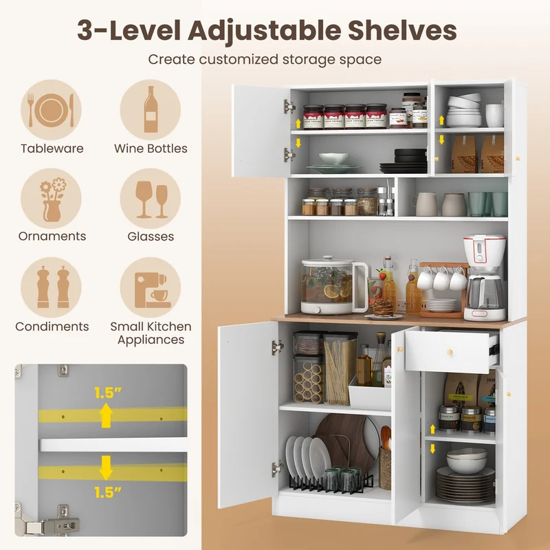 71 Inch Tall Pantry Cabinet, With Outlets For Dining Room, White