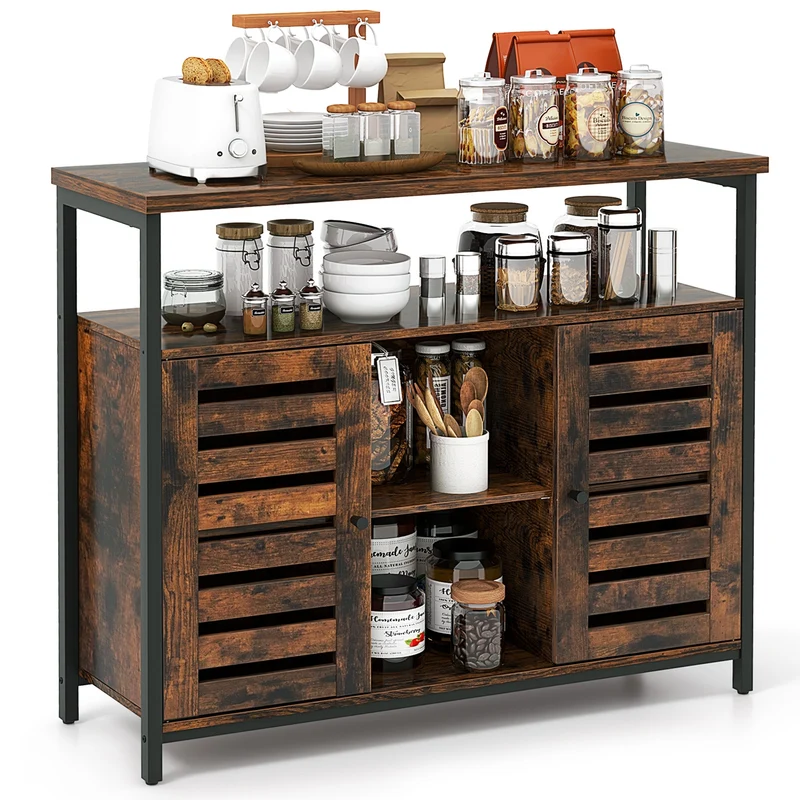 Industrial Buffet Cabinet, Slatted Door, 3 Adjustable Shelves, Rustic Brown