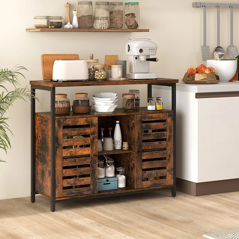 Industrial Buffet Cabinet, Slatted Door, 3 Adjustable Shelves, Rustic Brown