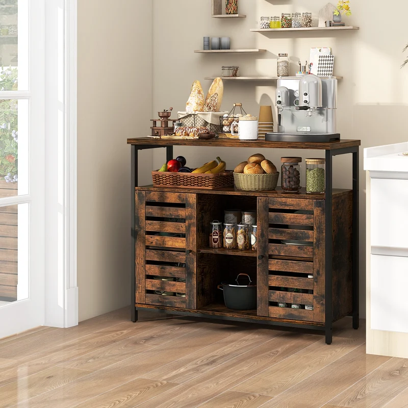 Industrial Buffet Cabinet, Slatted Door, 3 Adjustable Shelves, Rustic Brown