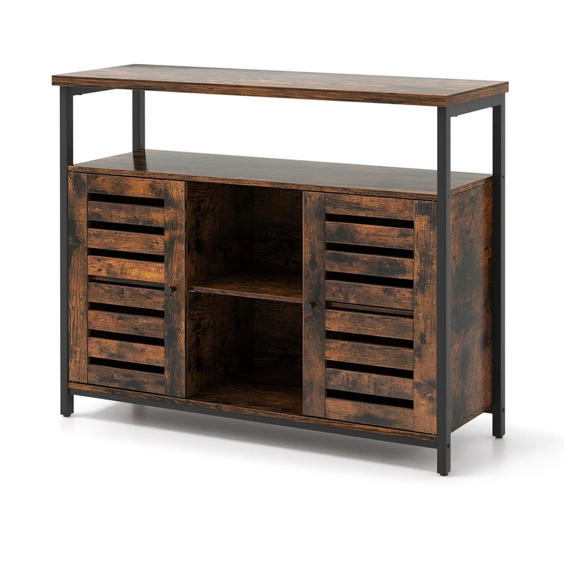 Industrial Buffet Cabinet, Slatted Door, 3 Adjustable Shelves, Rustic Brown