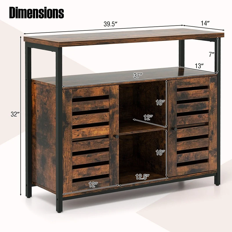 Industrial Buffet Cabinet, Slatted Door, 3 Adjustable Shelves, Rustic Brown