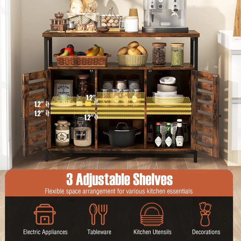 Industrial Buffet Cabinet, Slatted Door, 3 Adjustable Shelves, Rustic Brown