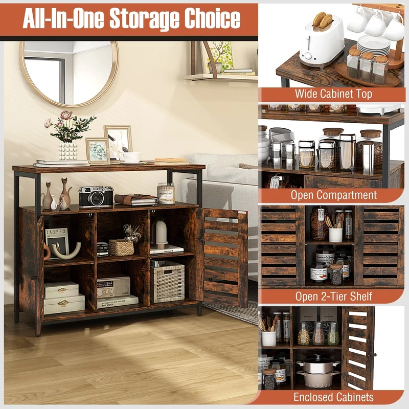 Industrial Buffet Cabinet, Slatted Door, 3 Adjustable Shelves, Rustic Brown