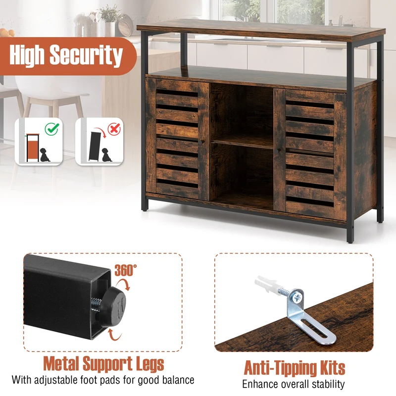 Industrial Buffet Cabinet, Slatted Door, 3 Adjustable Shelves, Rustic Brown