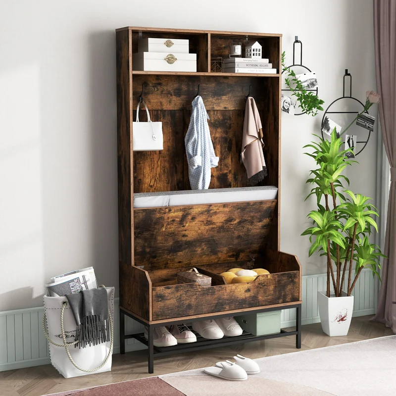 69 Inches Tall Hall Tree, 4-in-1 Coat Rack With Seat Cushion, Shoe Storage, Rustic Brown