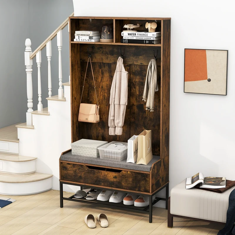 69 Inches Tall Hall Tree, 4-in-1 Coat Rack With Seat Cushion, Shoe Storage, Rustic Brown
