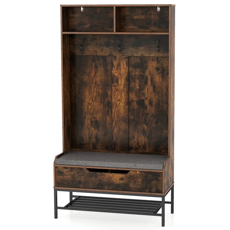 69 Inches Tall Hall Tree, 4-in-1 Coat Rack With Seat Cushion, Shoe Storage, Rustic Brown