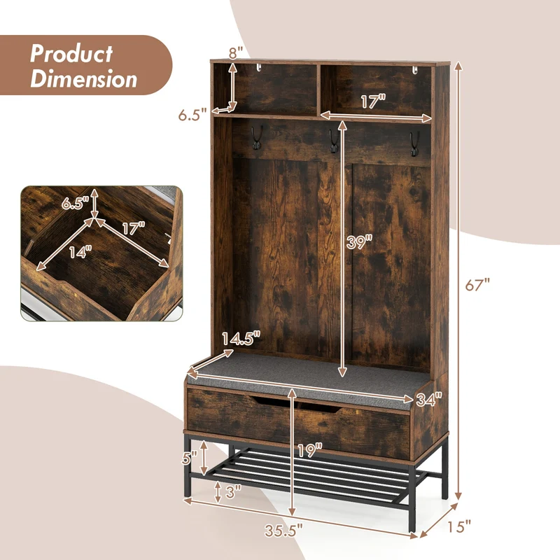 69 Inches Tall Hall Tree, 4-in-1 Coat Rack With Seat Cushion, Shoe Storage, Rustic Brown