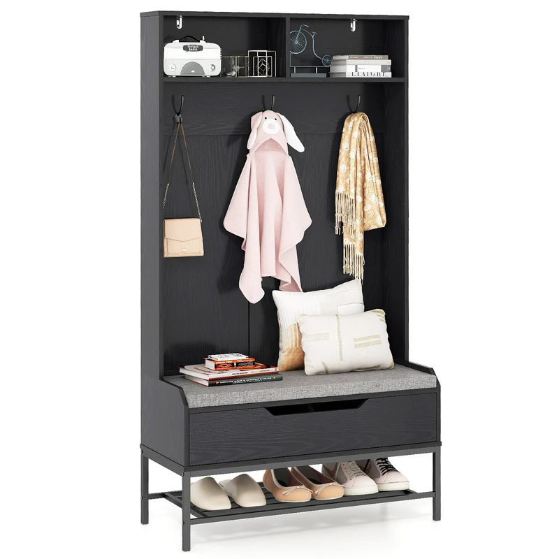 69 Inches Tall Hall Tree, 4-in-1 Coat Rack, Seat Cushion, Shoe Storage, Black