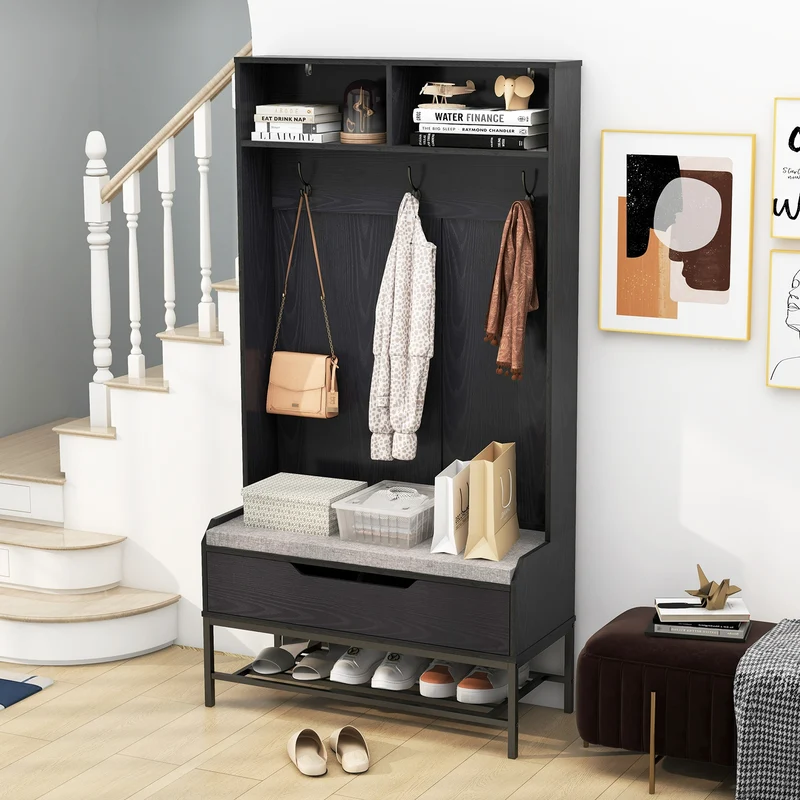 69 Inches Tall Hall Tree, 4-in-1 Coat Rack, Seat Cushion, Shoe Storage, Black