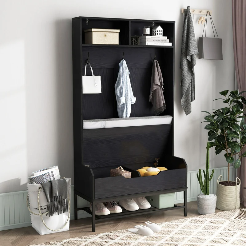 69 Inches Tall Hall Tree, 4-in-1 Coat Rack, Seat Cushion, Shoe Storage, Black