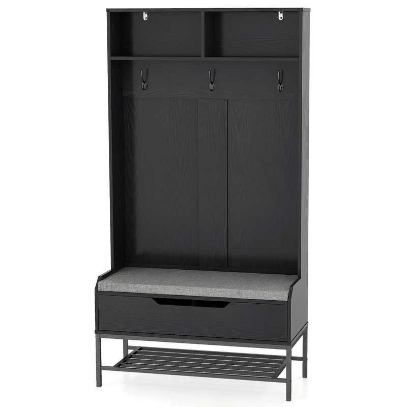 69 Inches Tall Hall Tree, 4-in-1 Coat Rack, Seat Cushion, Shoe Storage, Black