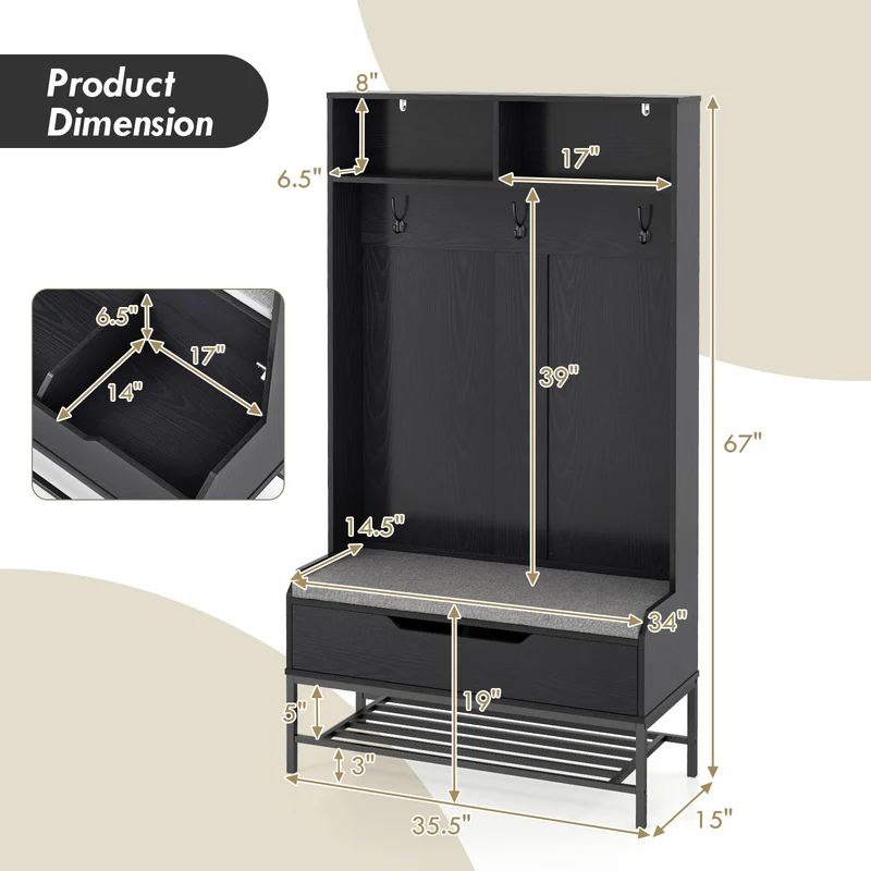 69 Inches Tall Hall Tree, 4-in-1 Coat Rack, Seat Cushion, Shoe Storage, Black