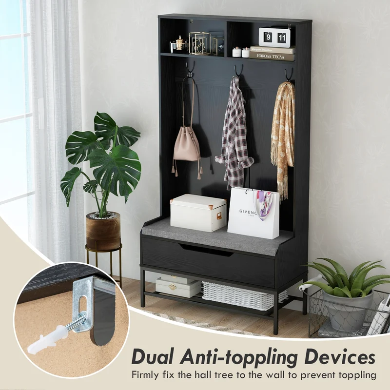 69 Inches Tall Hall Tree, 4-in-1 Coat Rack, Seat Cushion, Shoe Storage, Black