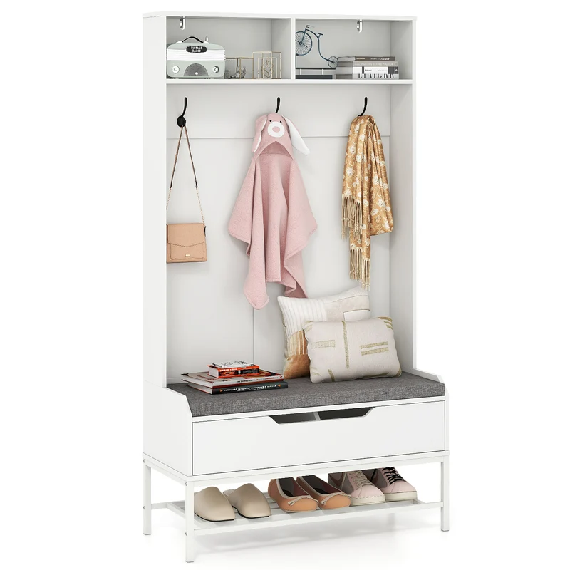 69 Inch Tall Hall Tree, 4-in-1 Coat Rack With Seat Cushion, Shoe Storage, White