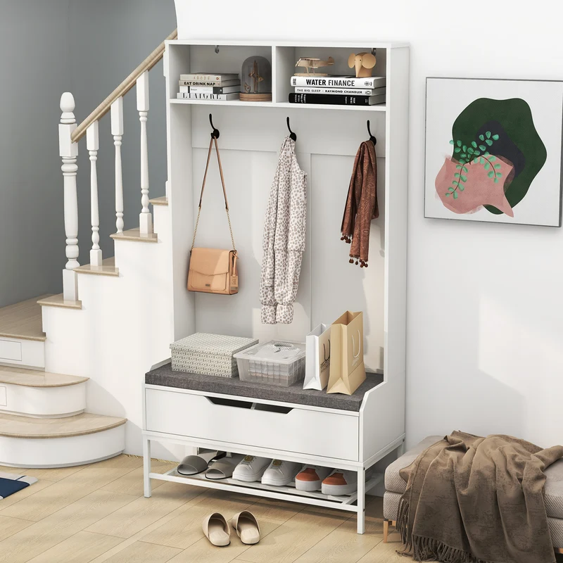 69 Inch Tall Hall Tree, 4-in-1 Coat Rack With Seat Cushion, Shoe Storage, White