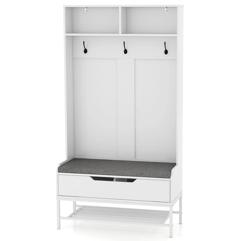69 Inch Tall Hall Tree, 4-in-1 Coat Rack With Seat Cushion, Shoe Storage, White