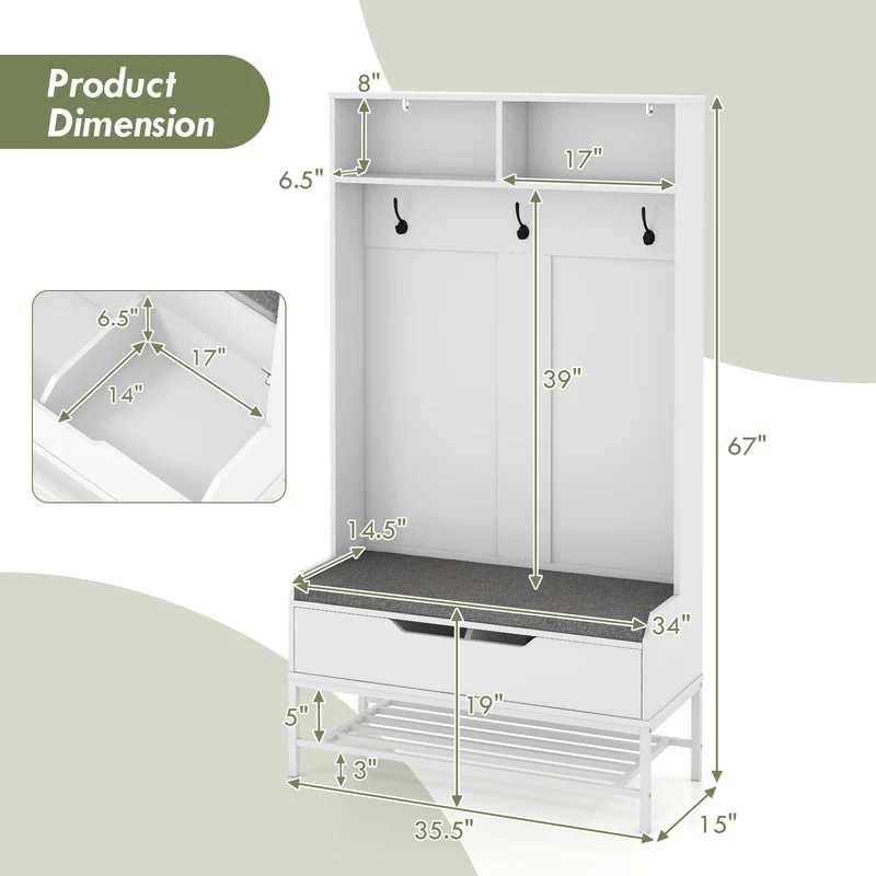 69 Inch Tall Hall Tree, 4-in-1 Coat Rack With Seat Cushion, Shoe Storage, White