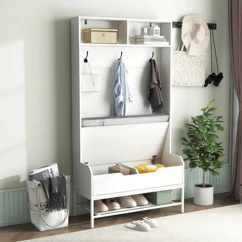 69 Inch Tall Hall Tree, 4-in-1 Coat Rack With Seat Cushion, Shoe Storage, White