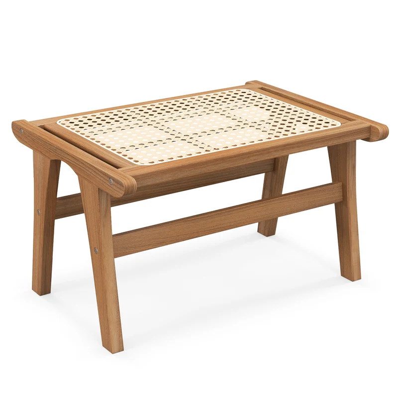 Natural Teak Wooden Foot Rest, Handwoven Rattan, Natural