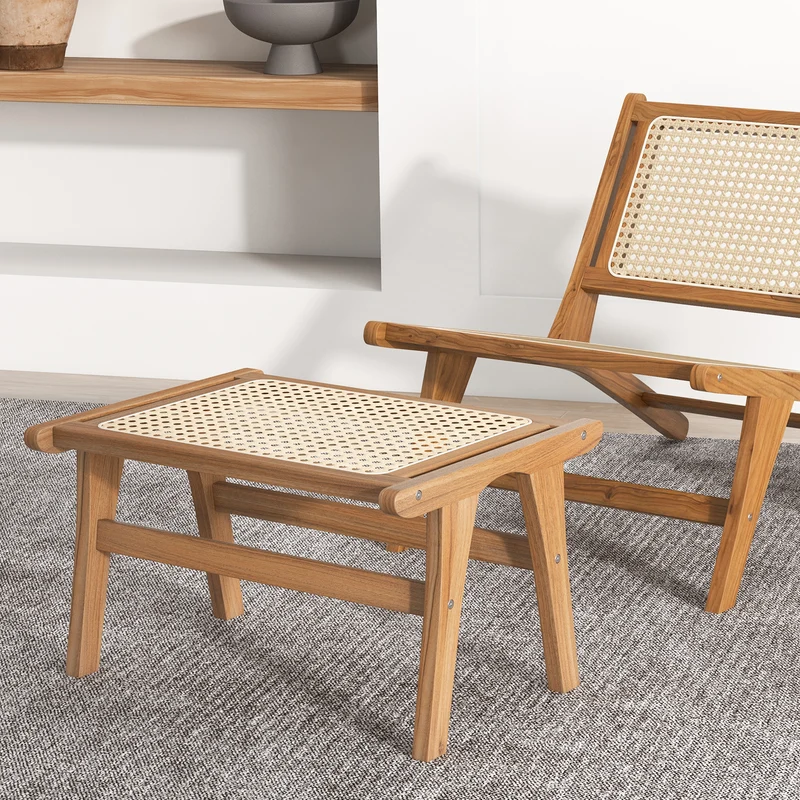 Natural Teak Wooden Foot Rest, Handwoven Rattan, Natural