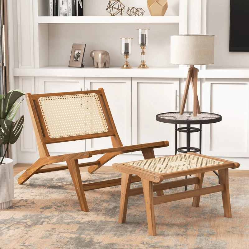 Natural Teak Wooden Foot Rest, Handwoven Rattan, Natural