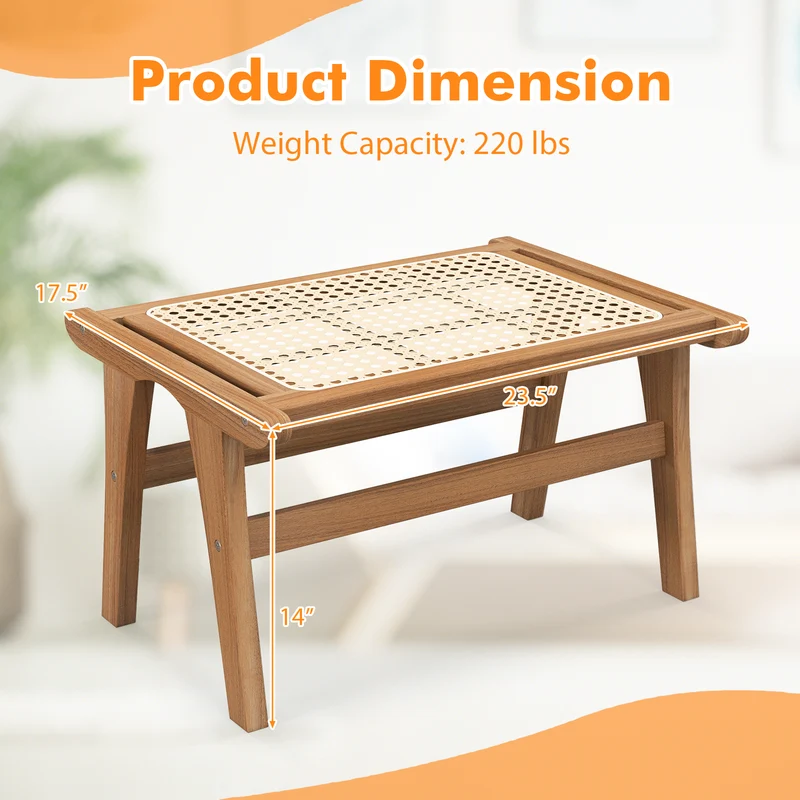Natural Teak Wooden Foot Rest, Handwoven Rattan, Natural