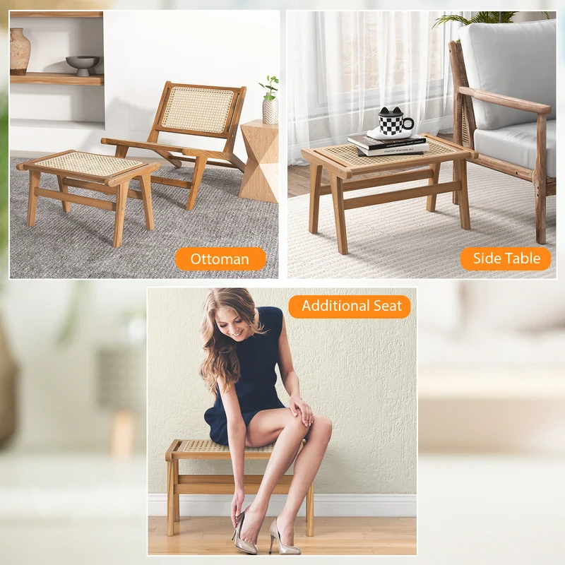 Natural Teak Wooden Foot Rest, Handwoven Rattan, Natural