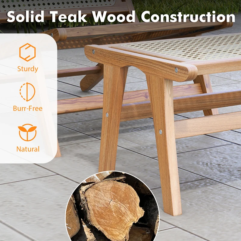 Natural Teak Wooden Foot Rest, Handwoven Rattan, Natural