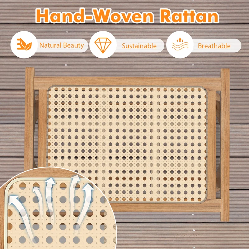 Natural Teak Wooden Foot Rest, Handwoven Rattan, Natural