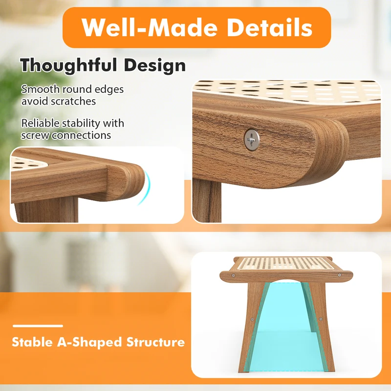 Natural Teak Wooden Foot Rest, Handwoven Rattan, Natural