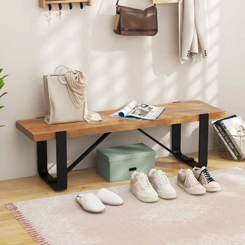 60 Inch Entryway Bench, Rustic Farmhouse Wooden Shoe Rack, Natural