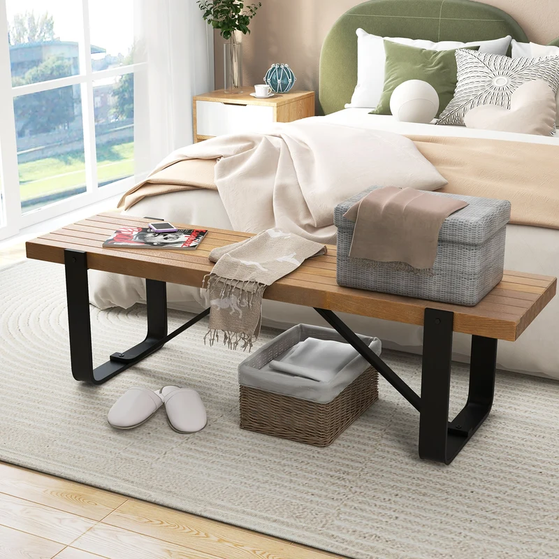 60 Inch Entryway Bench, Rustic Farmhouse Wooden Shoe Rack, Natural
