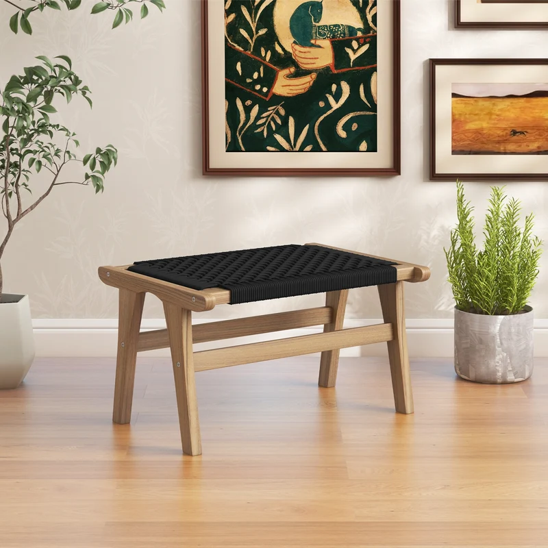 Indoor Outdoor Ottoman Footstool, Teak Wooden Foot Rest, Natural, Black